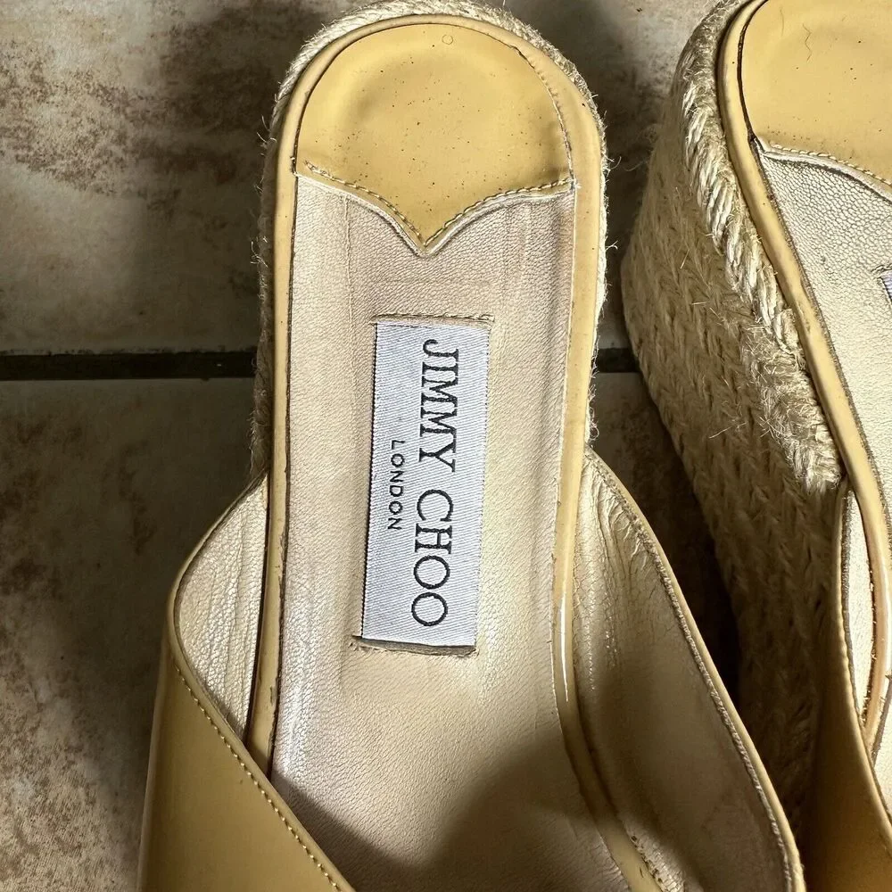 Jimmy Choo Paisley Crisscross Slide Sandal Espadrille Beige Patent Wedge Size 40